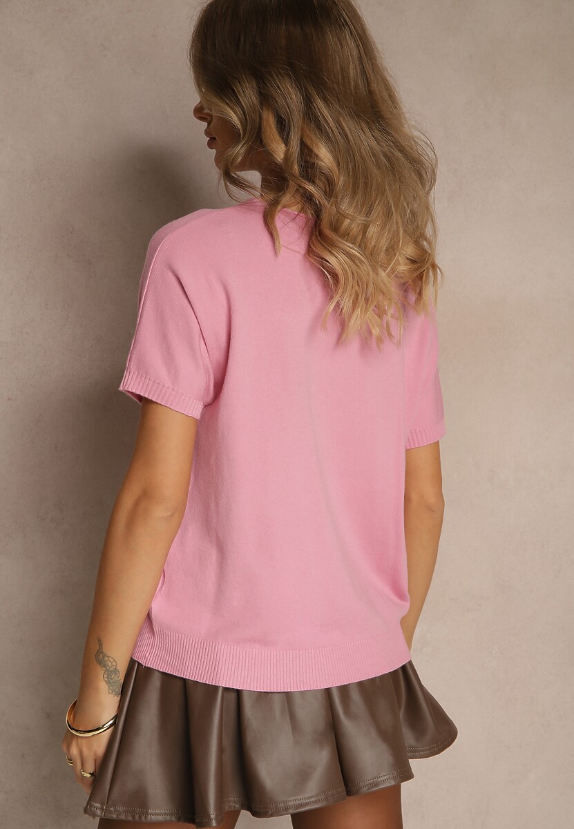 Różowa Bluzka z Dzianiny z Dekoltem w Serek Fenalise