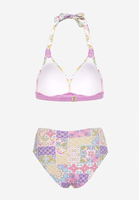 Fioletowo-Beżowe Bikini w Mozaikowy Wzór z Biżuteryjną Klamerką Vextella