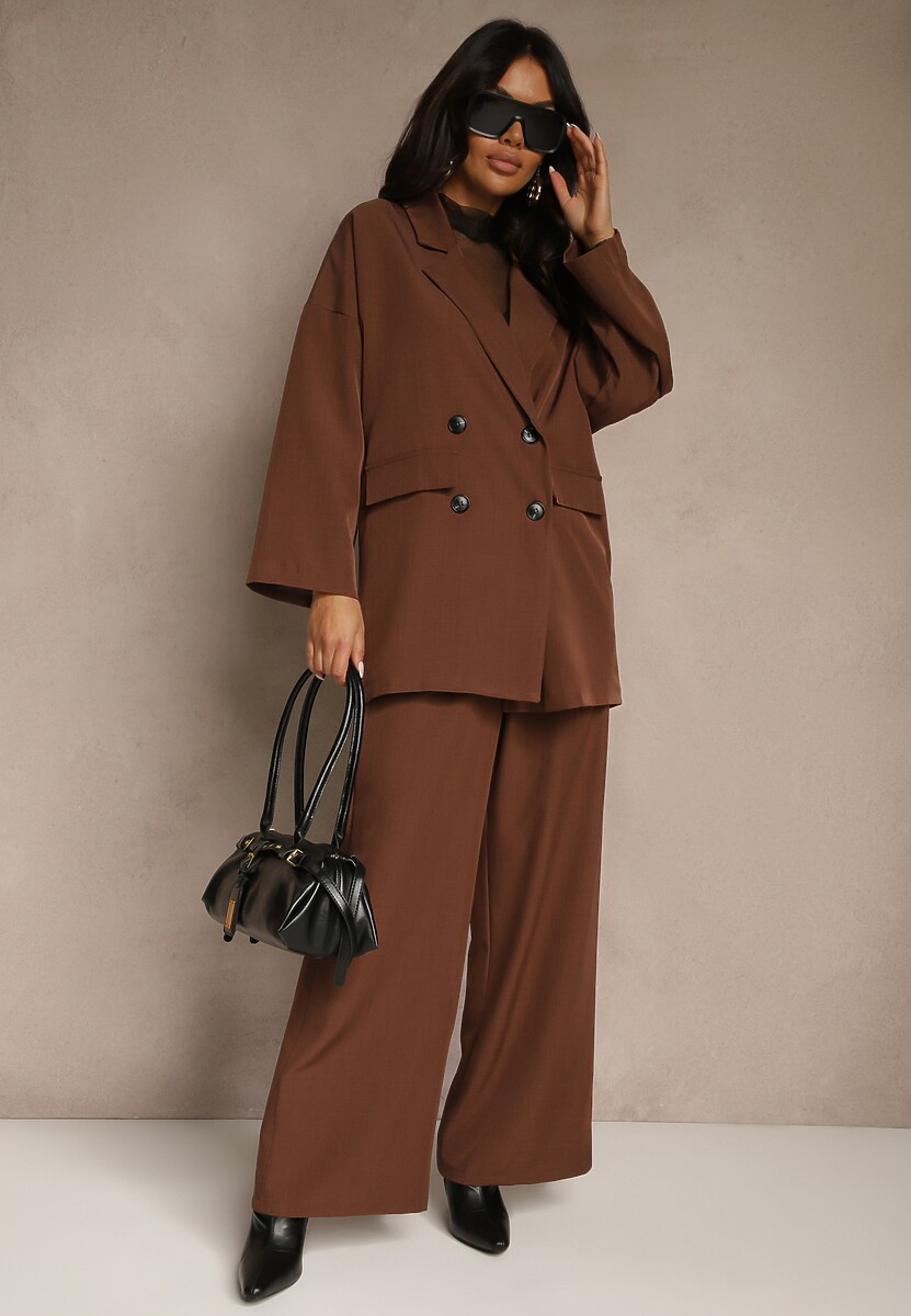Brązowy Komplet Garniturowy Oversize Marynarka Dwurzędowa i Spodnie Wide Leg Tevilna
