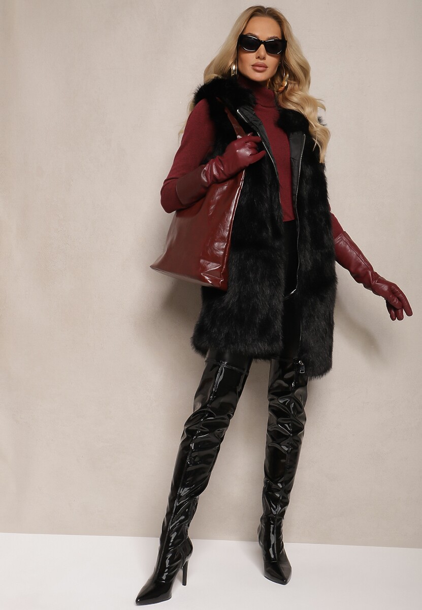 Czarna Kamizelka z Futerkiem i Kapturem o Prostym Kroju Sinavira