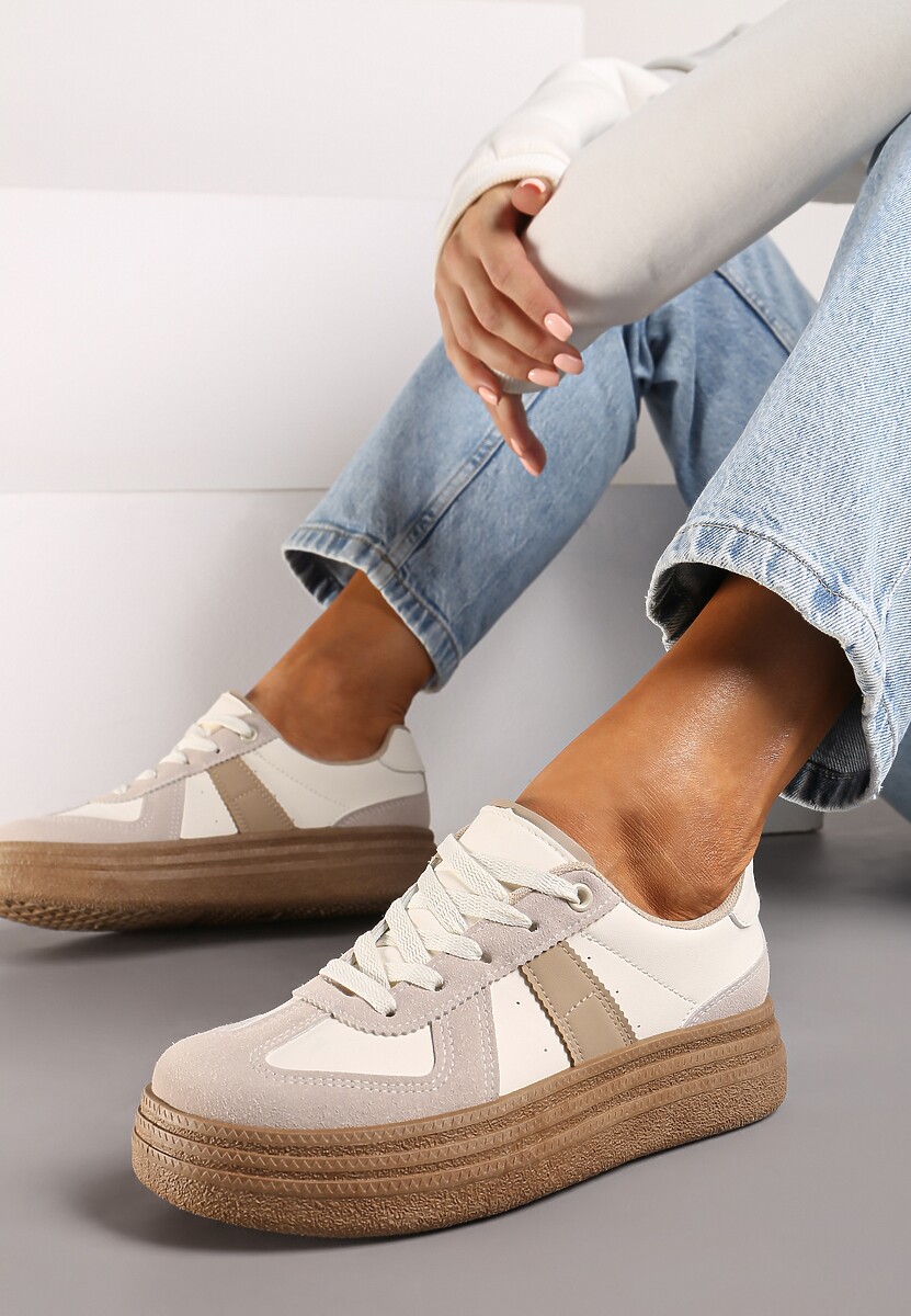 Ciemnobeżowe Sneakersy na Grubej Podeszwie z Ozdobnymi Przeszyciami Ysdole