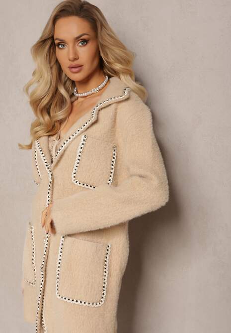 Beżowy Kardigan z Wiskozy z Metaliczną Nitką Zapinany na Perłowe Guziki Exousa