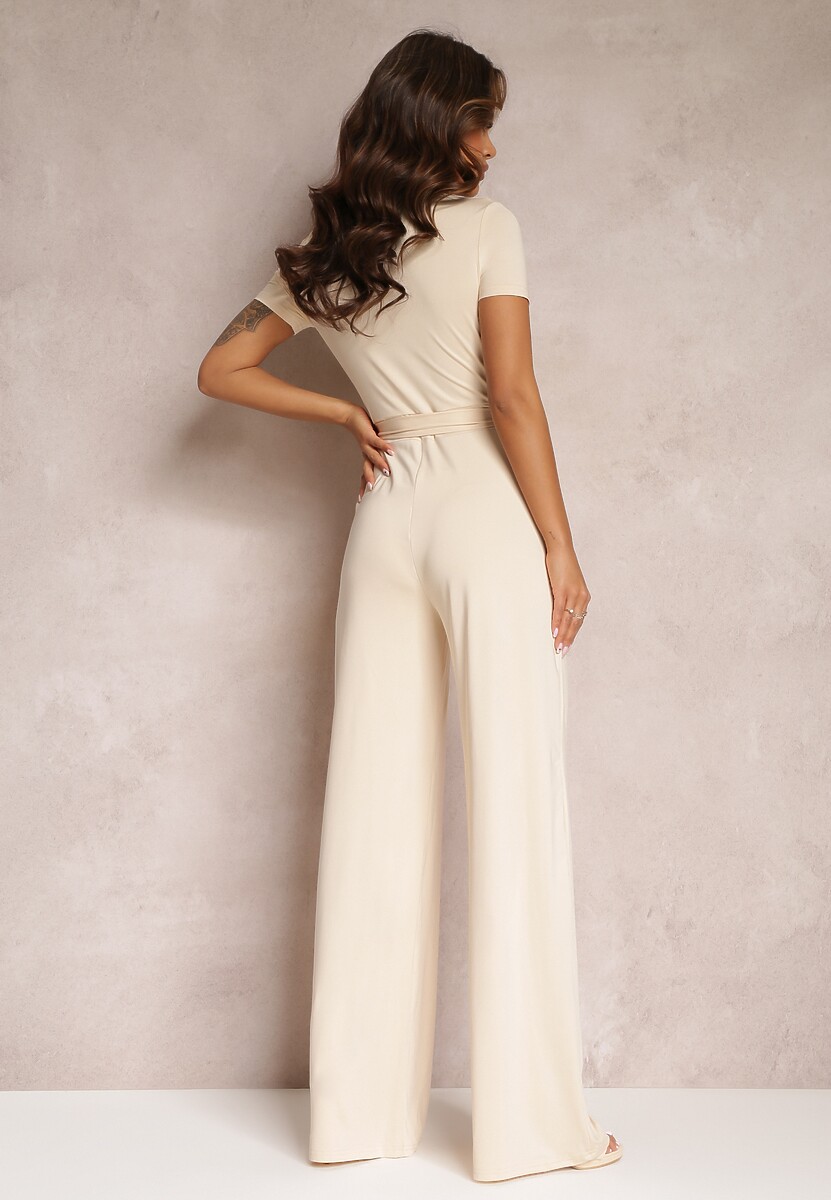 Jasnobeżowy Wiązany Kombinezon z Długimi Nogawkami i Kopertowym Dekoltem Adithia
