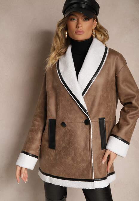 Ciemnobrązowa Marynarkowa Kurtka Biker z Futerkiem Typu Baranek Salethiel