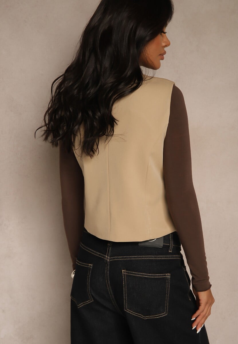 Ciemnobeżowa Kamizelka na Guziki bez Rękawów Ellowen