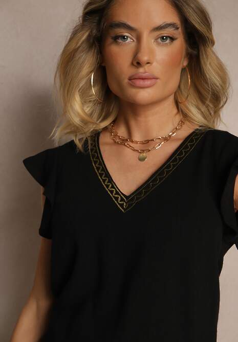 Czarna Bluzka z Wiskozą Lnem i Haftem Novillara