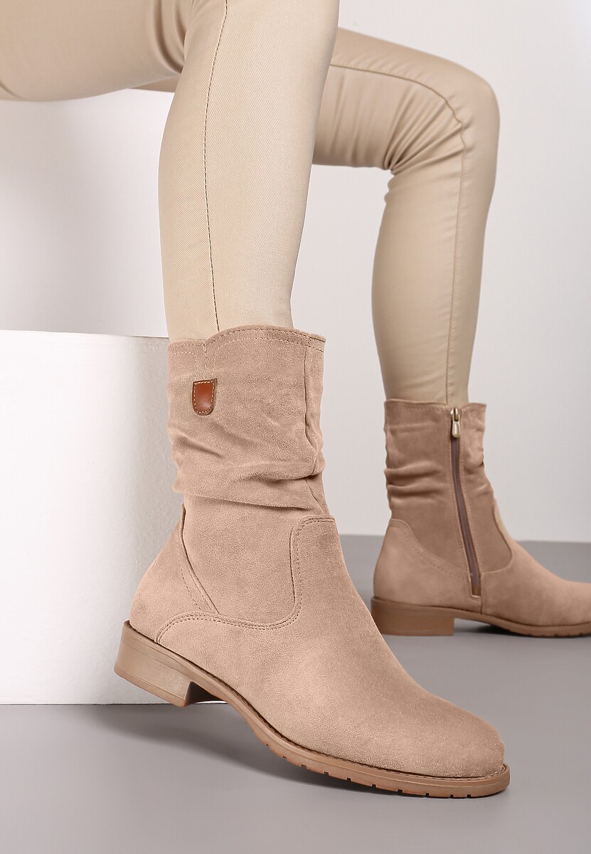 Brązowe Botki do Połowy Łydki z Imitacji Zamszu i Marszczoną Cholewką Alemiphae