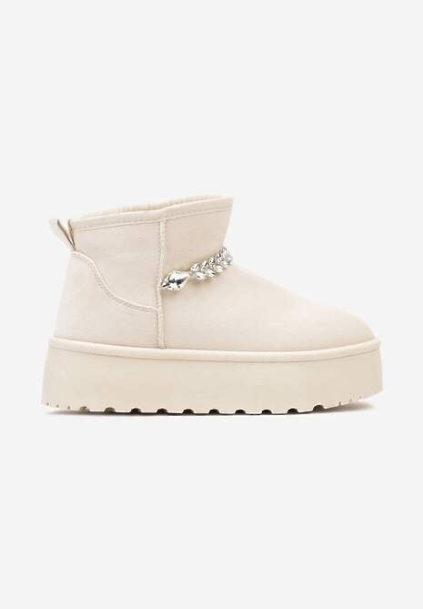 Beżowe Śniegowce na Grubej Podeszwie z Ekozamszu Ozdobione Cyrkoniowym Łańcuszkiem Ninnalith