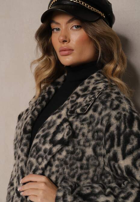 Szary Panterkowy Płaszcz Dwurzędowy Pesaltia