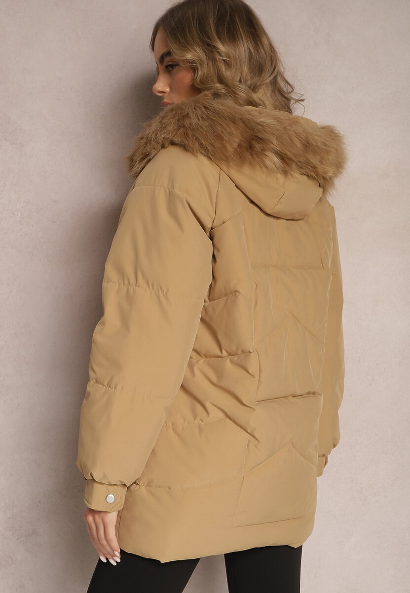 Beżowa Kurtka z Kapturem i Futerkiem Mastasa