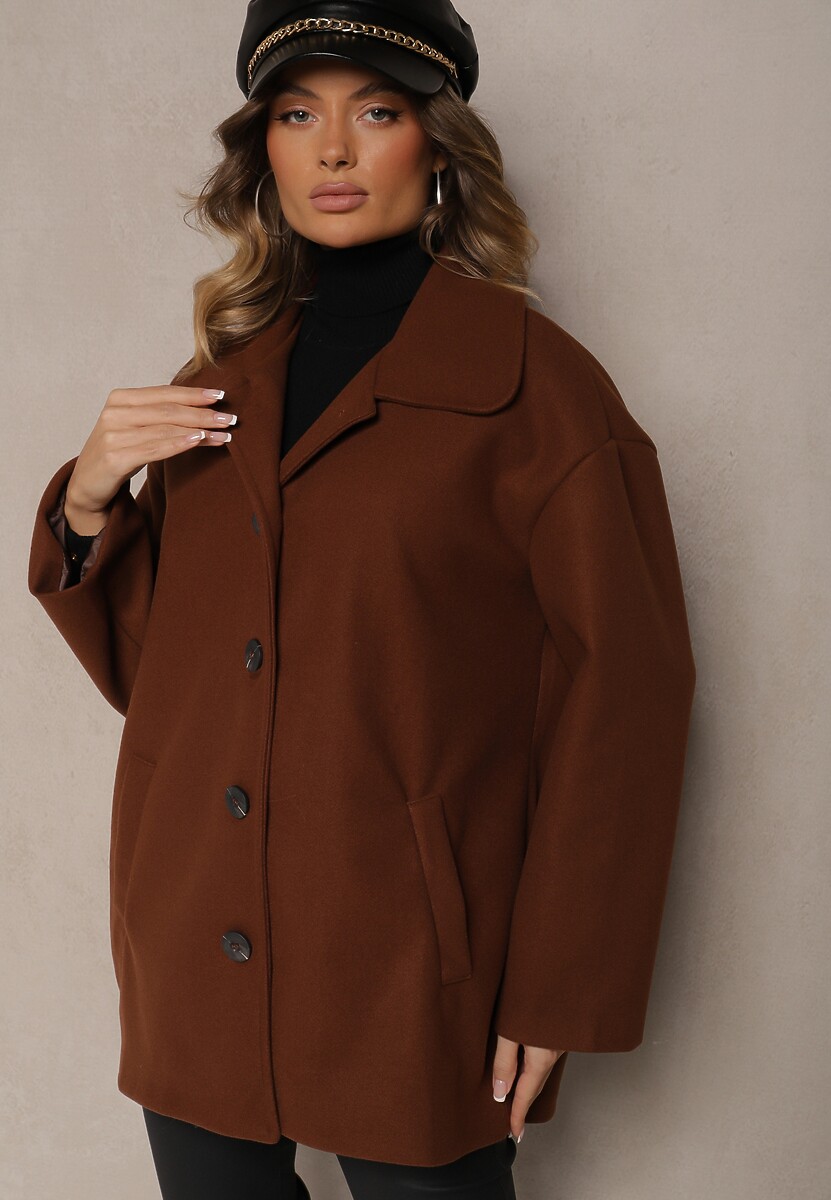 Brązowy Jednorzędowy Płaszcz Dyplomatka z Kieszeniami Morenama