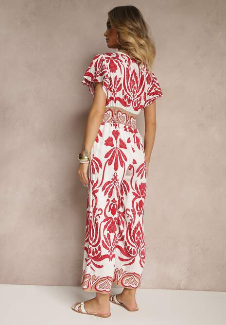 Bordowy Kombinezon z Wiskozy z Zaznaczoną Talią w Boho Wzór i Dekoltem V Virazia