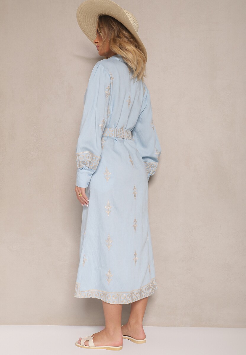 Niebieska Koszulowa Sukienka w Stylu Szmizjerki z Wiskozy Wiązana w Talii Telaniwena