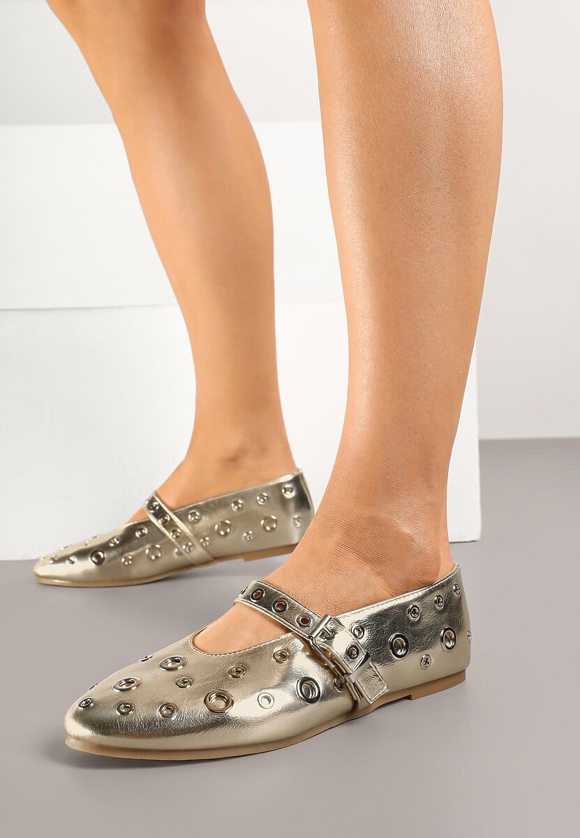 Złote Balerinki w Metalowe Okręgi ze Sprzączką Lialitte