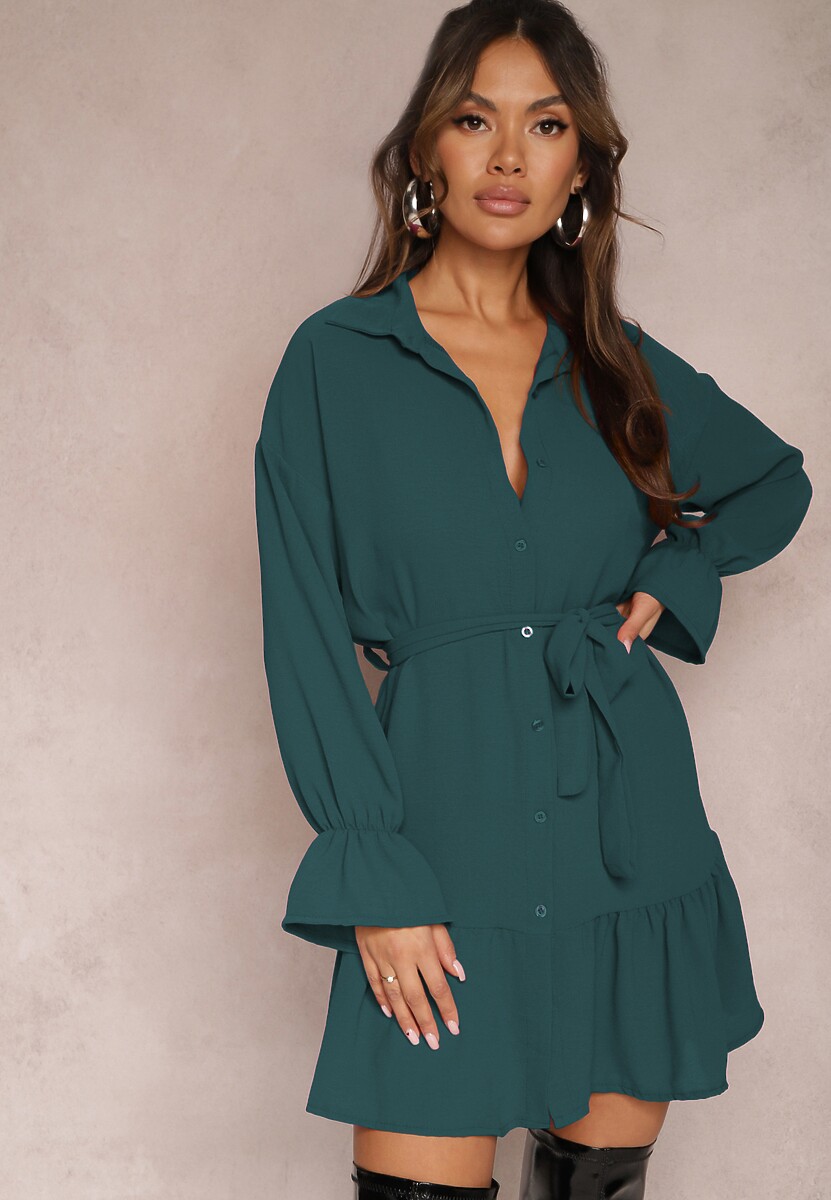 Ciemnozielona Koszulowa Sukienka Mini z Falbanką i Wiązanym Paskiem Blisotta