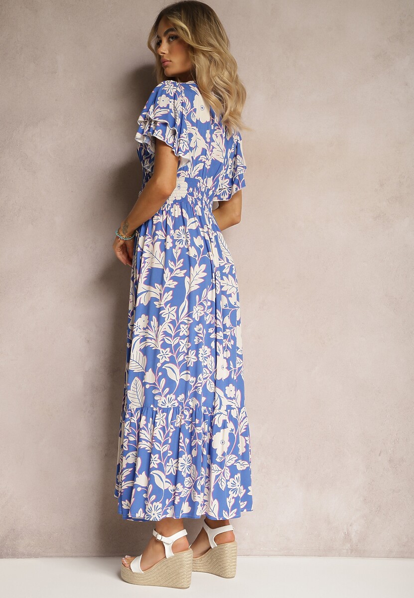 Granatowa Sukienka z Wiskozy z Krótkim Rękawem Wiązana z Przodu Marszczona w Pasie Tessam