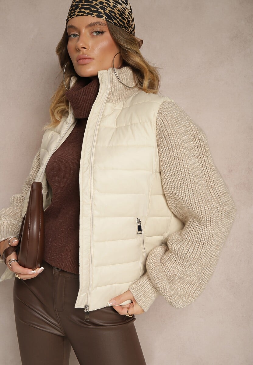 Czarna Kurtka ze Sweterkowego Materiału i z Ozdobnym Pikowaniem Vertinae