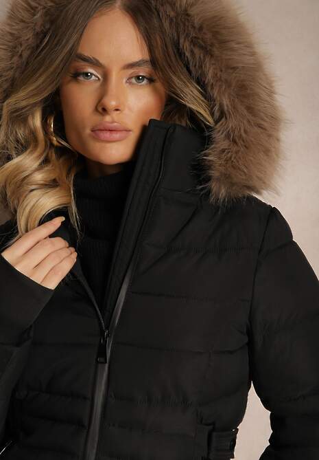 Czarno-Brązowa Pikowana Kurtka z Podszewką z Polarem i Kapturem z Futrzanym Obszyciem Eventina