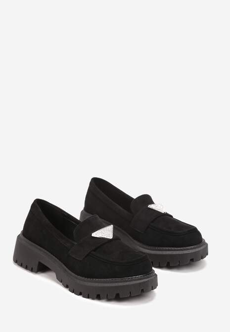 Czarne Mokasyny na Grubej Podeszwie Ozdobione Cyrkoniami Movail