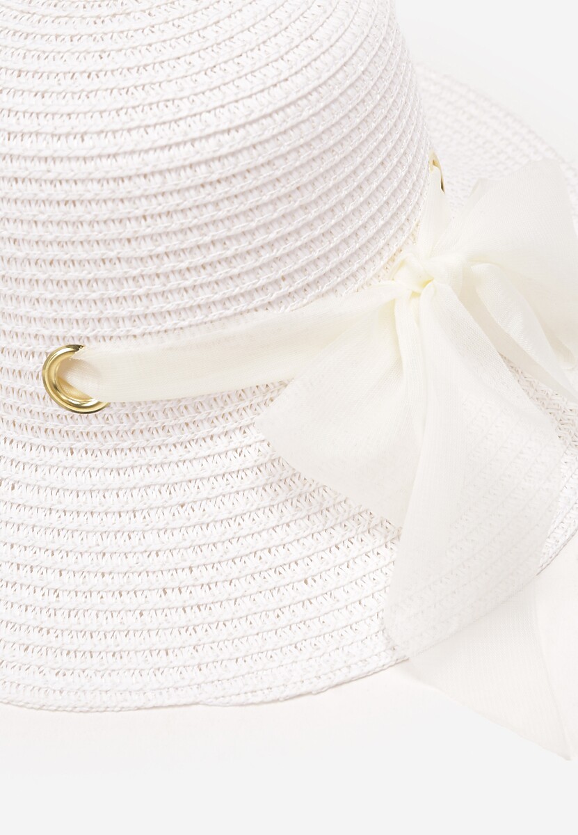 Biały Pleciony Kapelusz z Kokardką i Szerokim Rondem Maronia