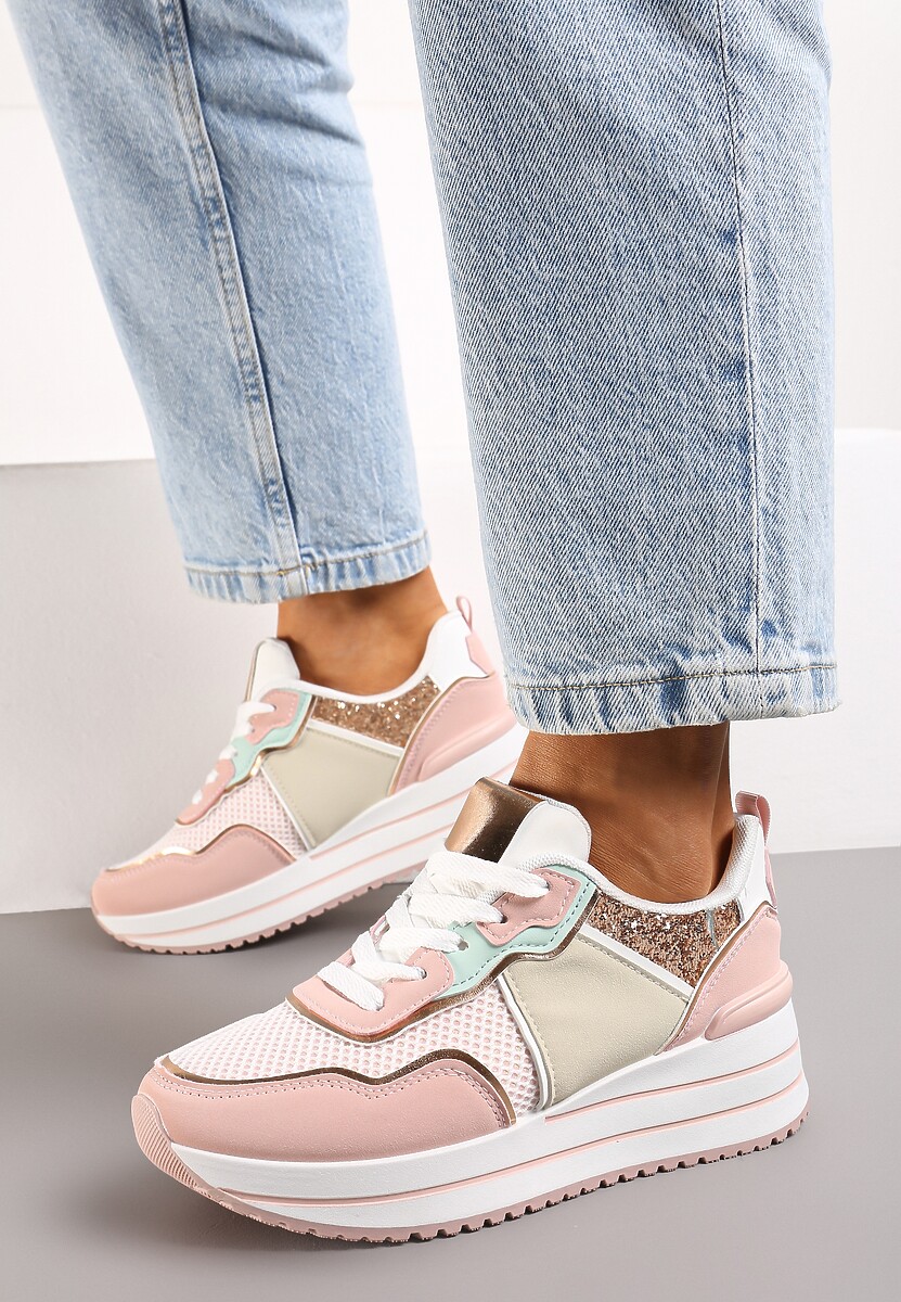 Różowe Sneakersy na Niskiej Platformie ze Wstawkami z Brokatu Quinnes