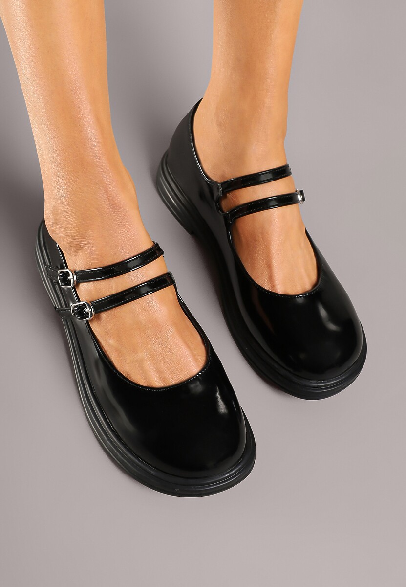 Czarne Półbuty na Płaskiej Podeszwie Ozdobione Sprzączkami i Paskami Erilin