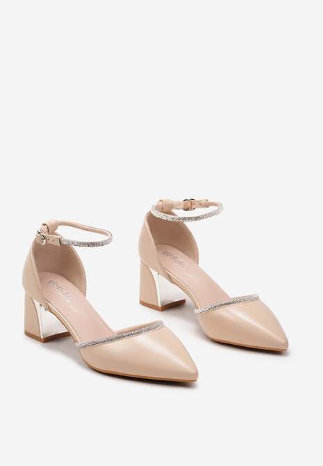 Beżowe Czółenka na Słupku Ozdobione Cyrkoniami ze Skórzaną Wkładką Kaldia