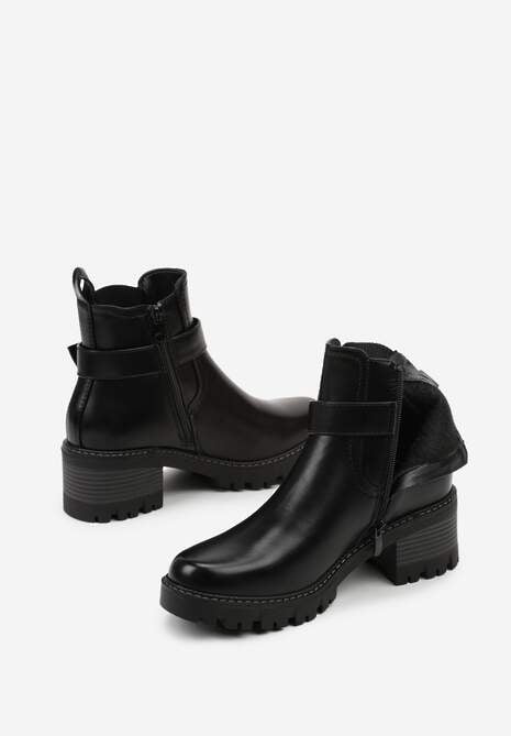 Czarne Botki w Stylu Sztybletów na Niskim Obcasie z Paskiem ze Sprzączką Lathorie