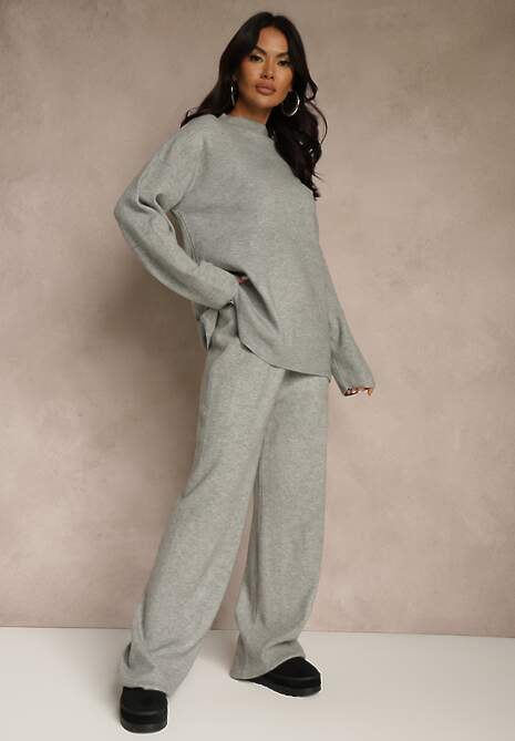 Szary Komplet Oversize z Dzianiny z Wełną Sweter i Szerokie Spodnie Alenria
