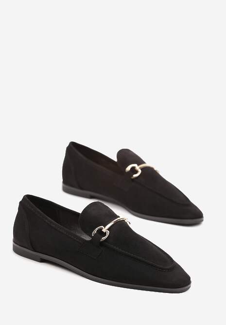 Czarne Mokasyny na Płaskiej Podeszwie w Klasycznym Stylu Ozdobione z Przodu Sprzączką Vimallis