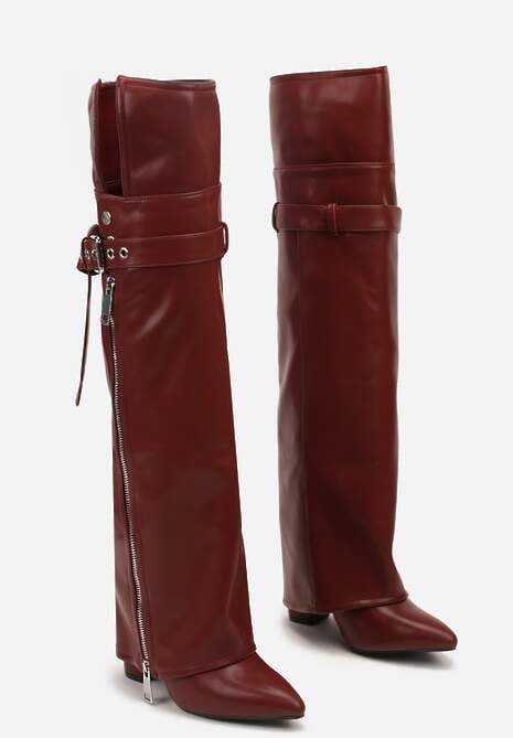 Bordowe Kozaki Kowbojki na Słupku Ozdobione Suwakiem Klamrą i Wywiniętą Cholewką Kelvila