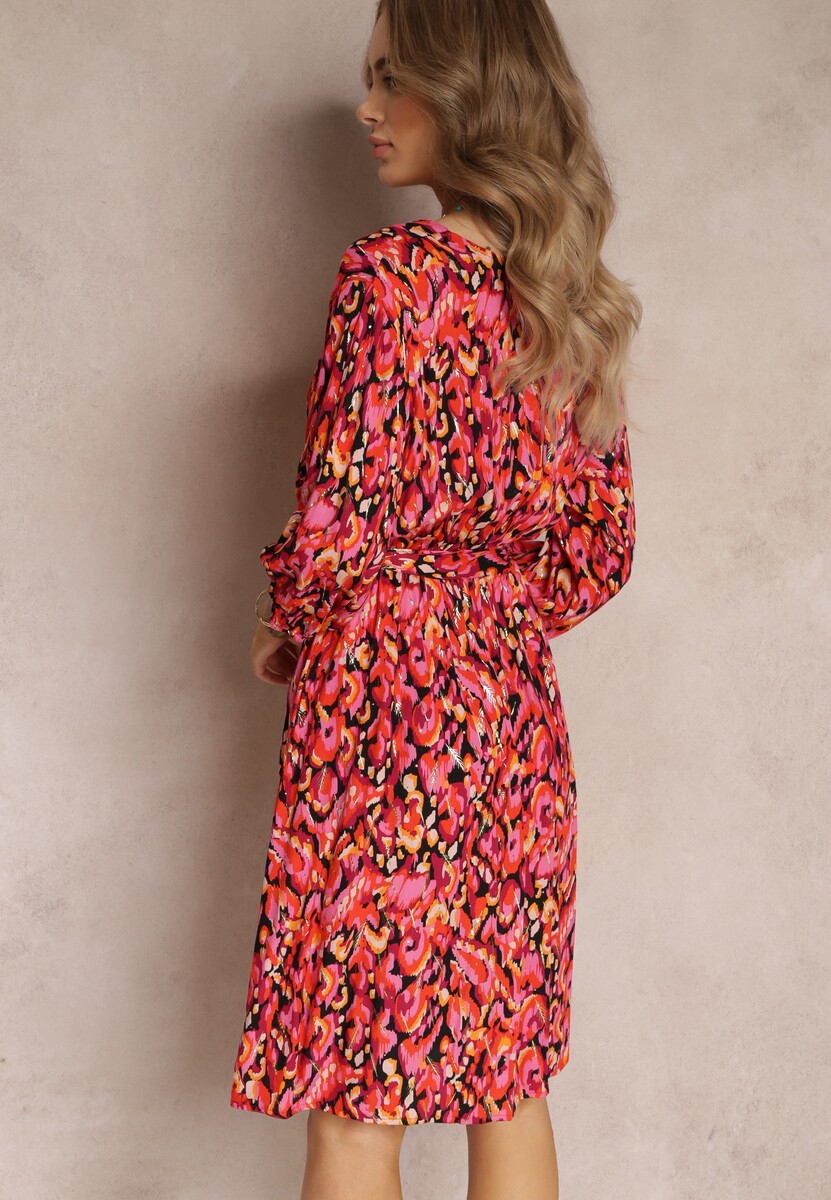 Czerwono-Czarna Kopertowa Sukienka Midi z Wiązanym Paskiem i Metaliczną Nitką Armellia