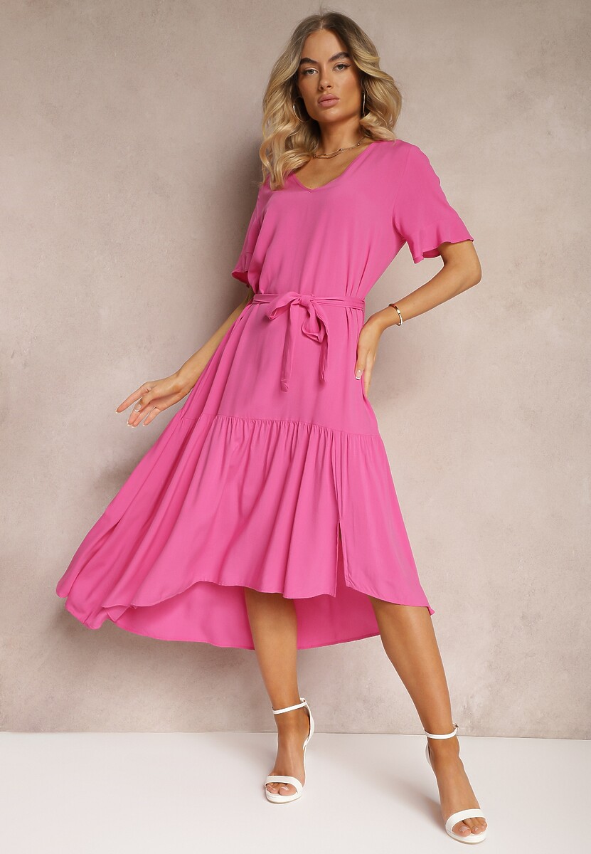 Ciemnozielona Pudełkowa Sukienka z Falbankami i Materiałowym Paskiem w Talii Dimrias