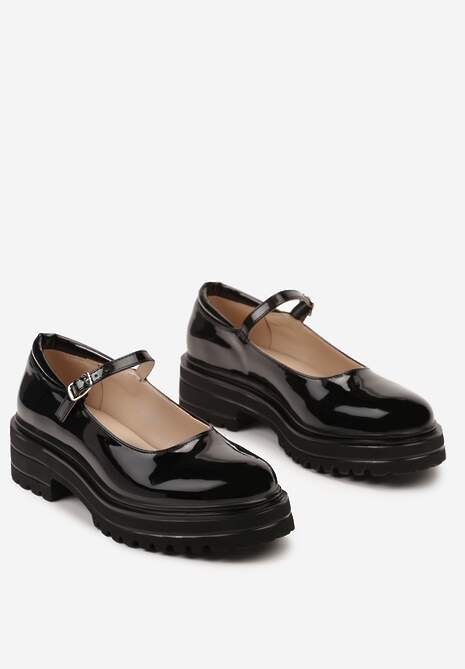 Czarne Półbuty o Lakierowanym Połysku na Platformie ze Sprzączką Ledianma