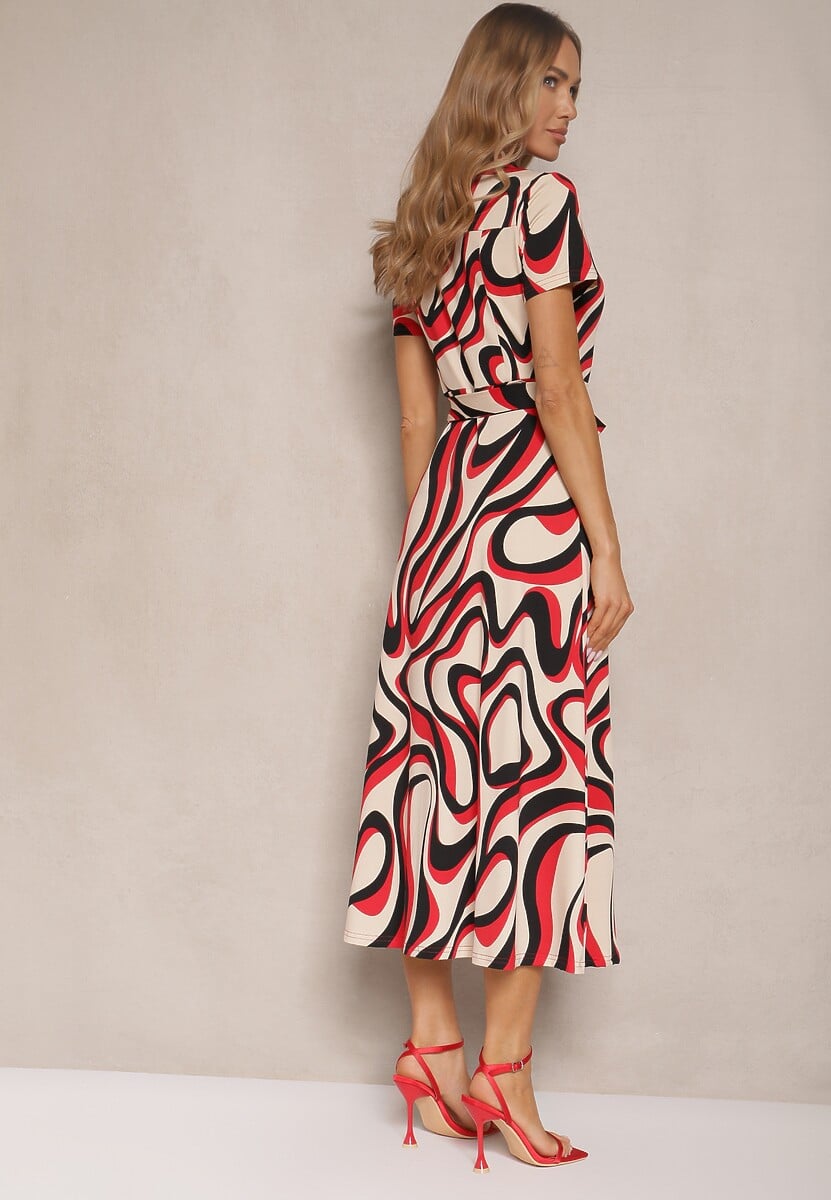 Czerwona Koszulowa Sukienka w Abstrakcyjny Print Wiązana w Talii Zivellea