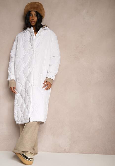 Biały Długi Płaszcz Kurtka Ozdobiona Pikowaniem Hamid