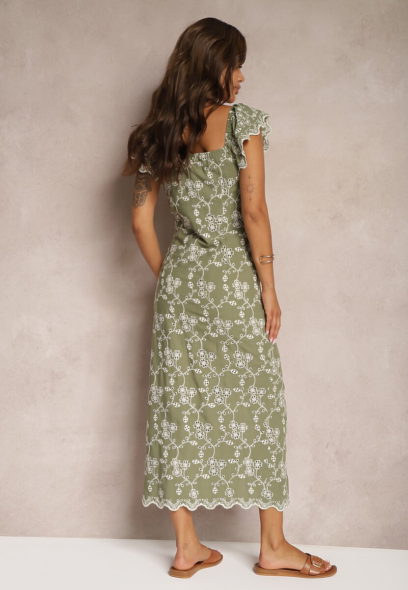 Zielona Taliowana Sukienka z Wiskozy z Hiszpańskim Dekoltem Ozdobiona Haftem i Guzikami Xironea