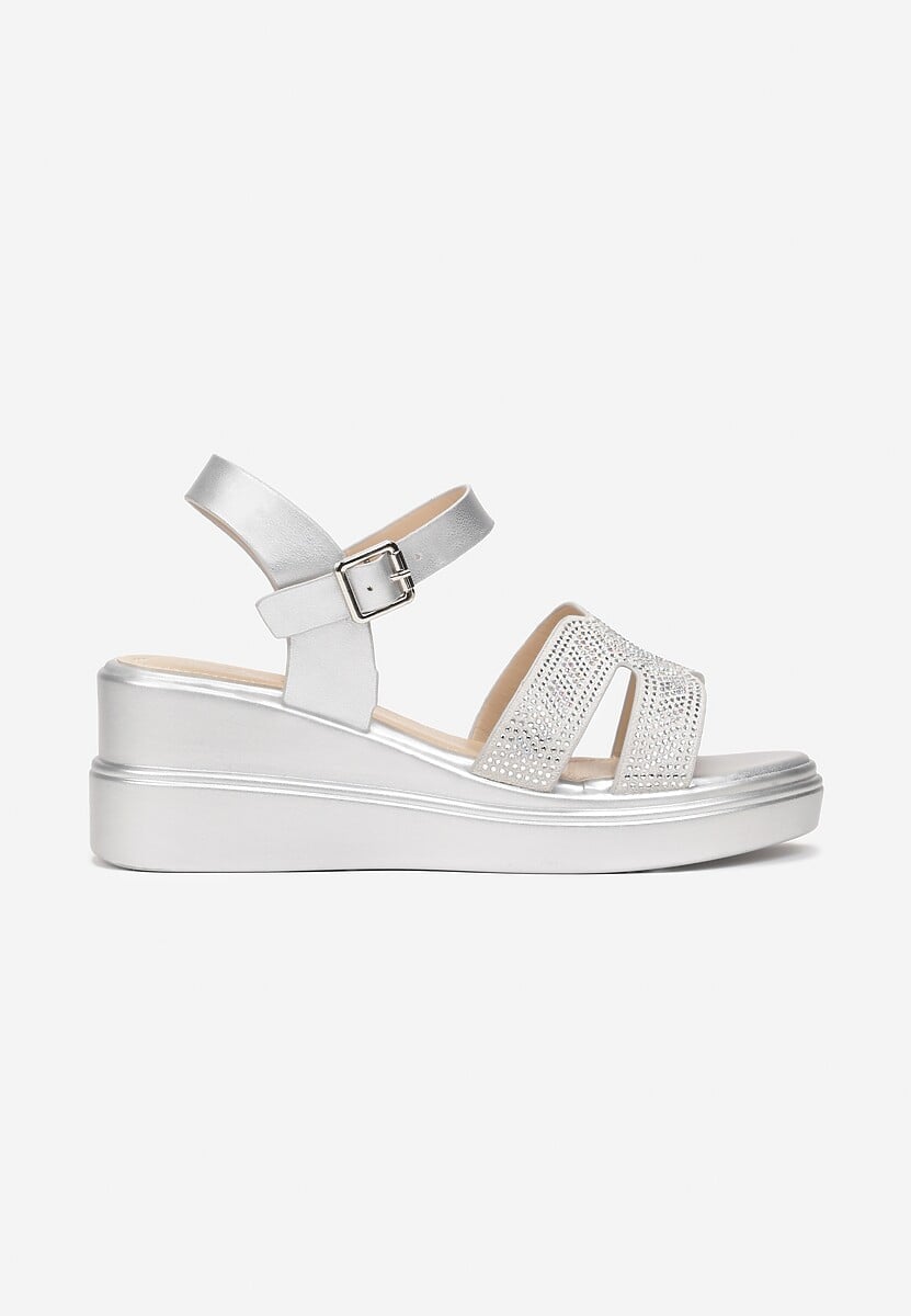 Srebrne Sandały z Paskami w Cyrkonie na Koturnie Ambrie