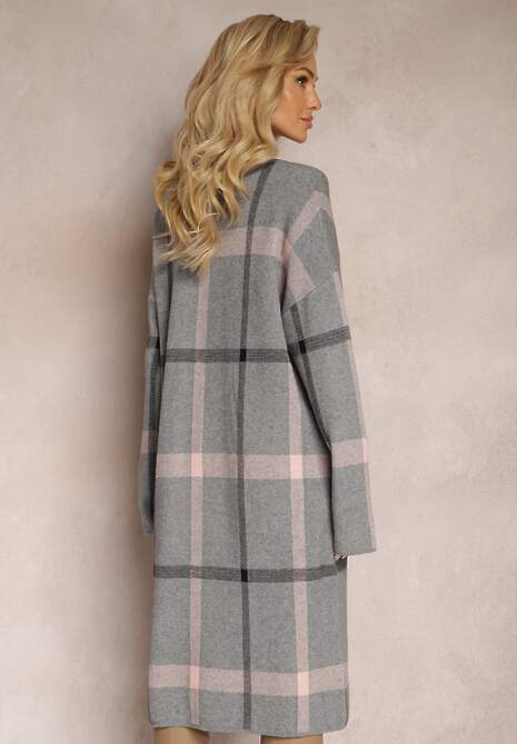 Szara Midi Sukienka w Kratę z Kieszeniami o Pudełkowym Fasonie Bamira