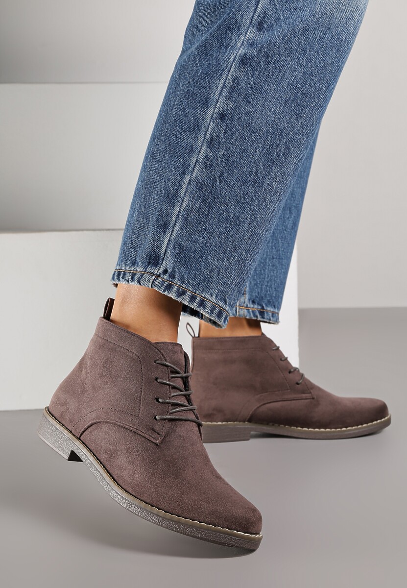 Brązowe Botki Vices o Klasycznym Fasonie Trzewików z Imitacji Zamszu Ativitta