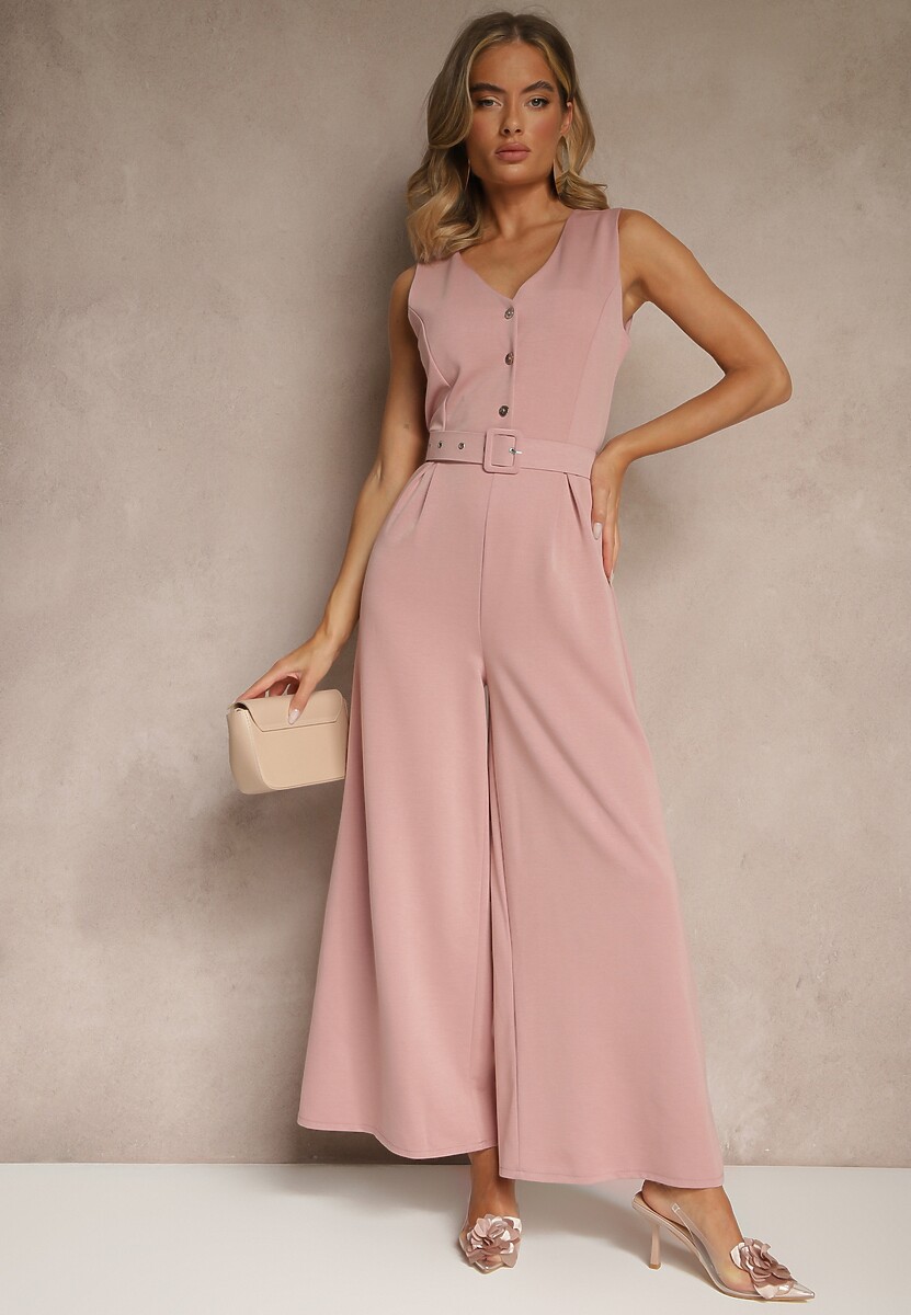 Różowy Kombinezon o Taliowanym Kroju z Wiskozą i Paskiem Raliorea