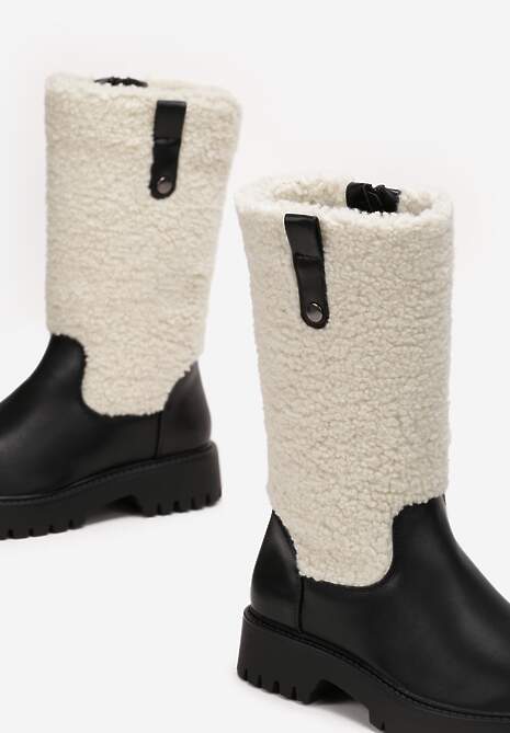 Czarne Płaskie Botki z Cholewką z Ciepłego Kożuszka Cirillo