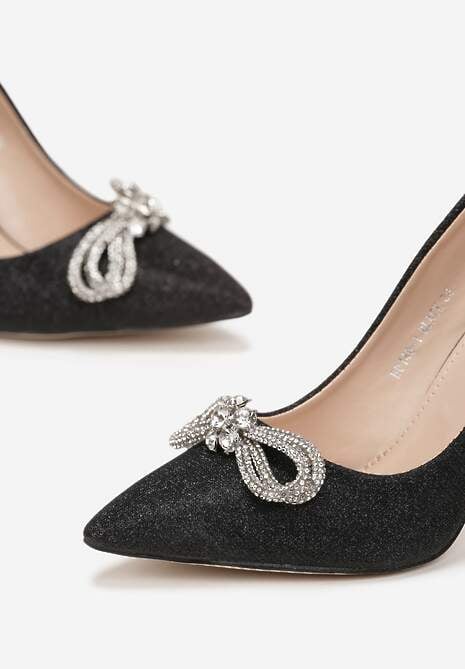Czarne Szpilki z Brokatową Cholewką i Kokardką z Cyrkoniami Yonea