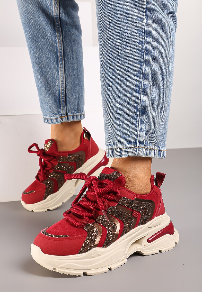 Bordowe Sznurowane Sneakersy na Platformie Ozdobione Brokatem Ewla