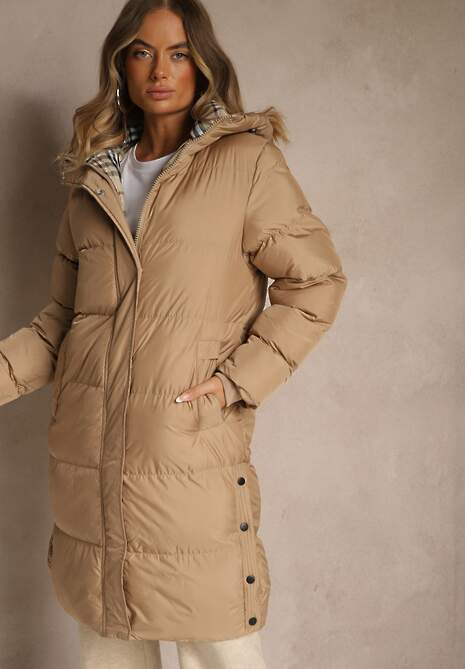 Ciemnobeżowa Kurtka z Pikowanymi Przeszyciami o Długim Fasonie z Kapturem Gineffa