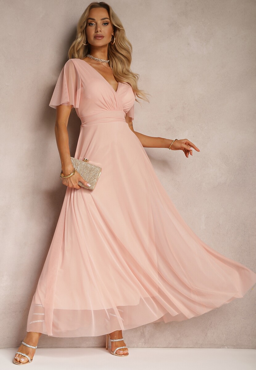 Beżowa Siateczkowa Sukienka z Kopertowym Dekoltem Wiązana w Talii Niblea