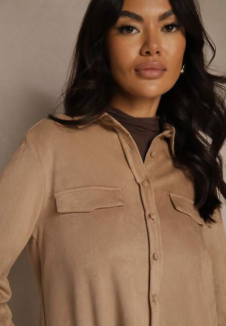 Beżowa Koszula z Imitacji Zamszu z Klapami Retilda