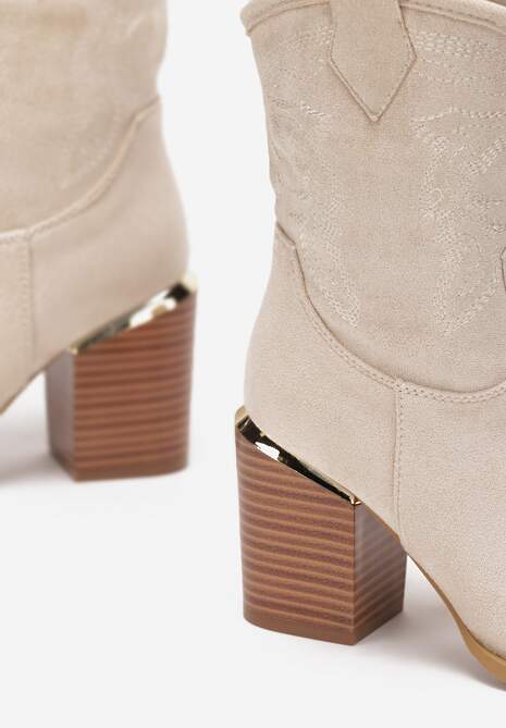 Beżowe Botki Kowbojki na Słupku z Przeszyciami Lindatora