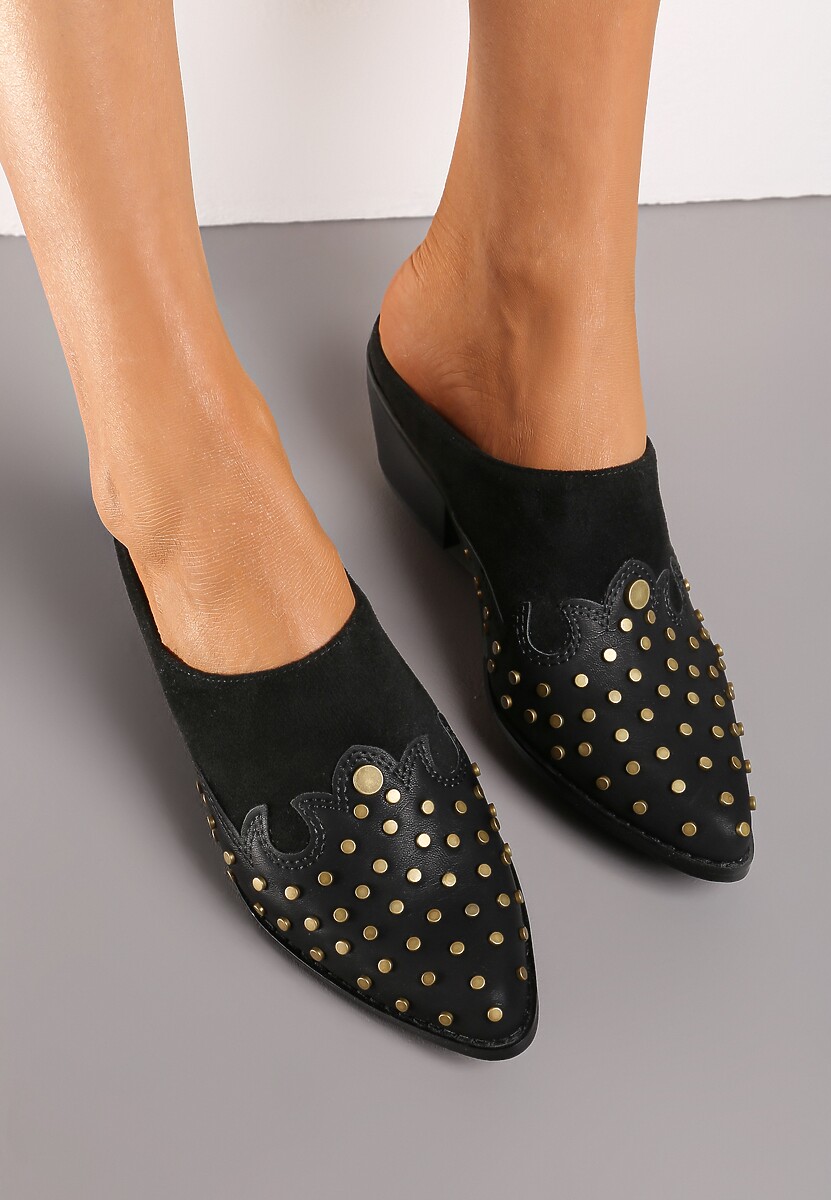 Czarne Klapki Mule w Stylu Kowbojek na Niskim Stożku Ozdobione Nitami Nalkeda