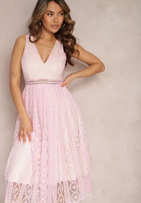 Różowa Plisowana Sukienka na Ramiączkach z Ozdobnym Wzorem i Suwakiem Mirilla